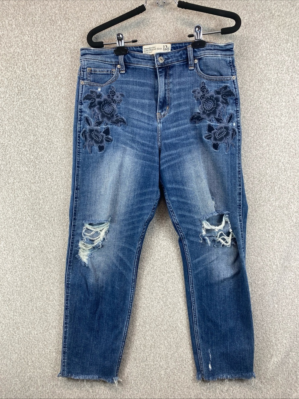 Abercrombie & Fitch Embroidered Floral Distressed Girlfriend Jeans Size 12 reg